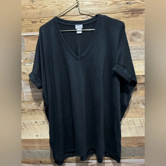 Chicos Tunic top Black knit V- Neck oversized stretch slit sleek cuffed loose S - Picture 1 of 6